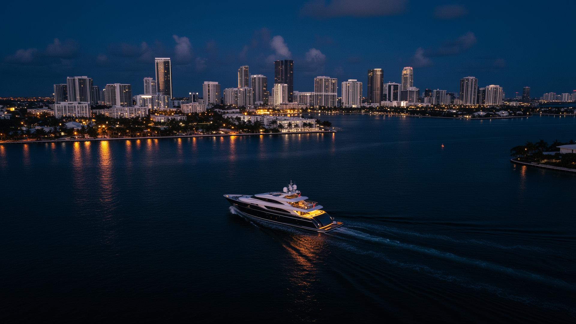 Miami skyline at dusk across Biscayne Bay