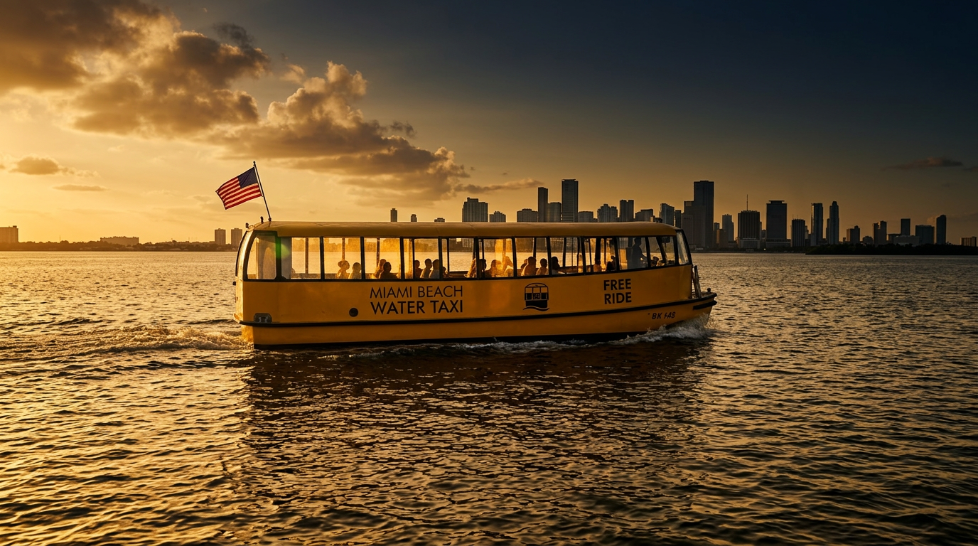 The Miami Beach Water Taxi cruising Biscayne Bay against the Miami skyline at golden hour